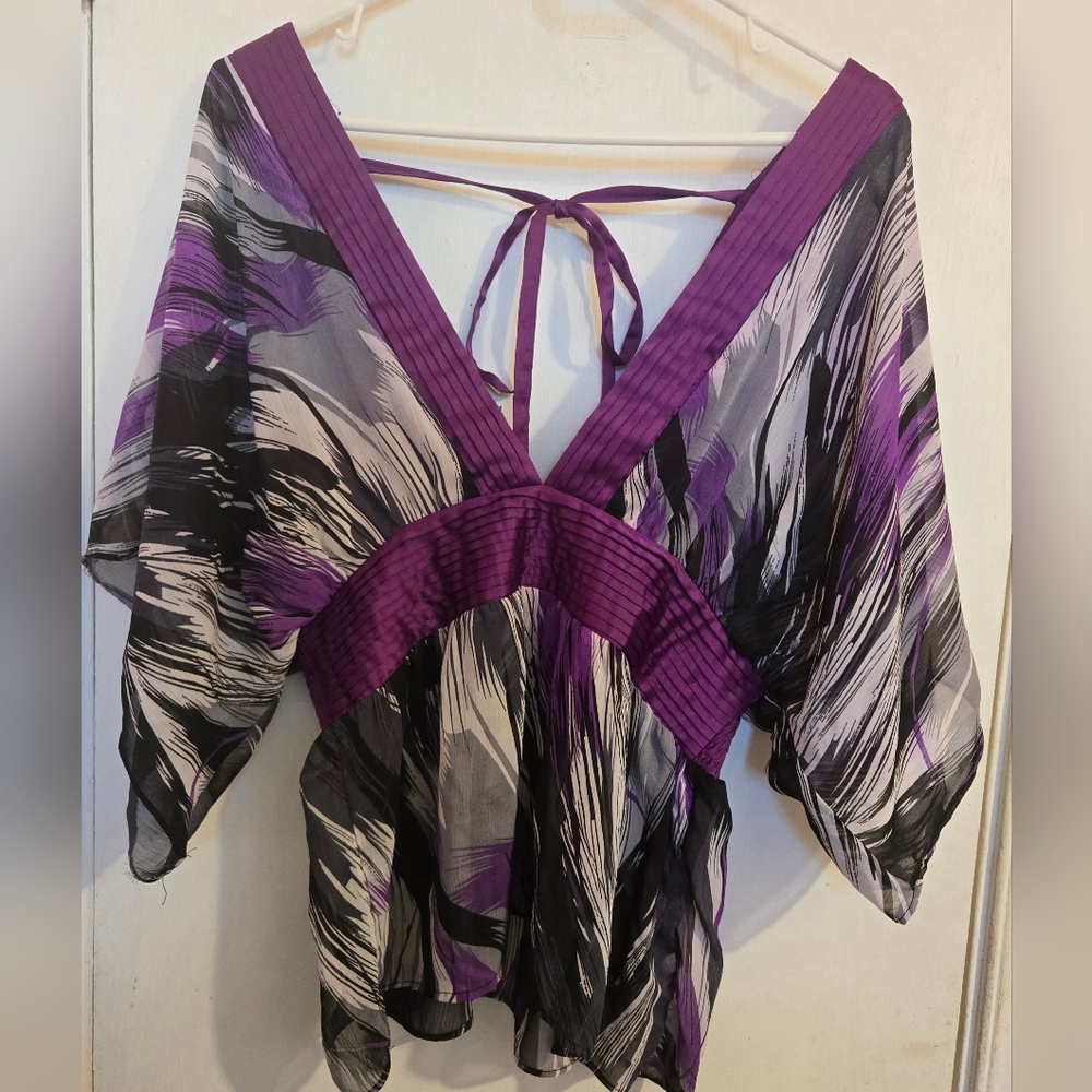Forever 21 Purple and Black Sheer V Neck Top Size Large